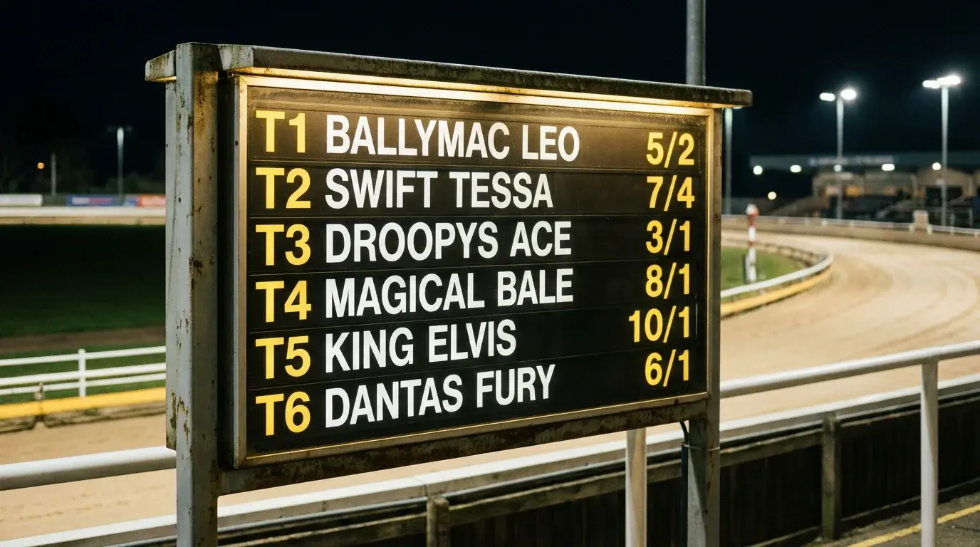 Bookmaker odds board at a UK greyhound stadium displaying race prices for six runners