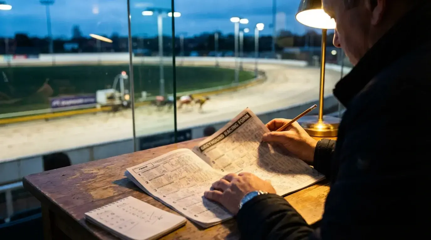 Greyhound betting strategy — person studying form guide at a racing track