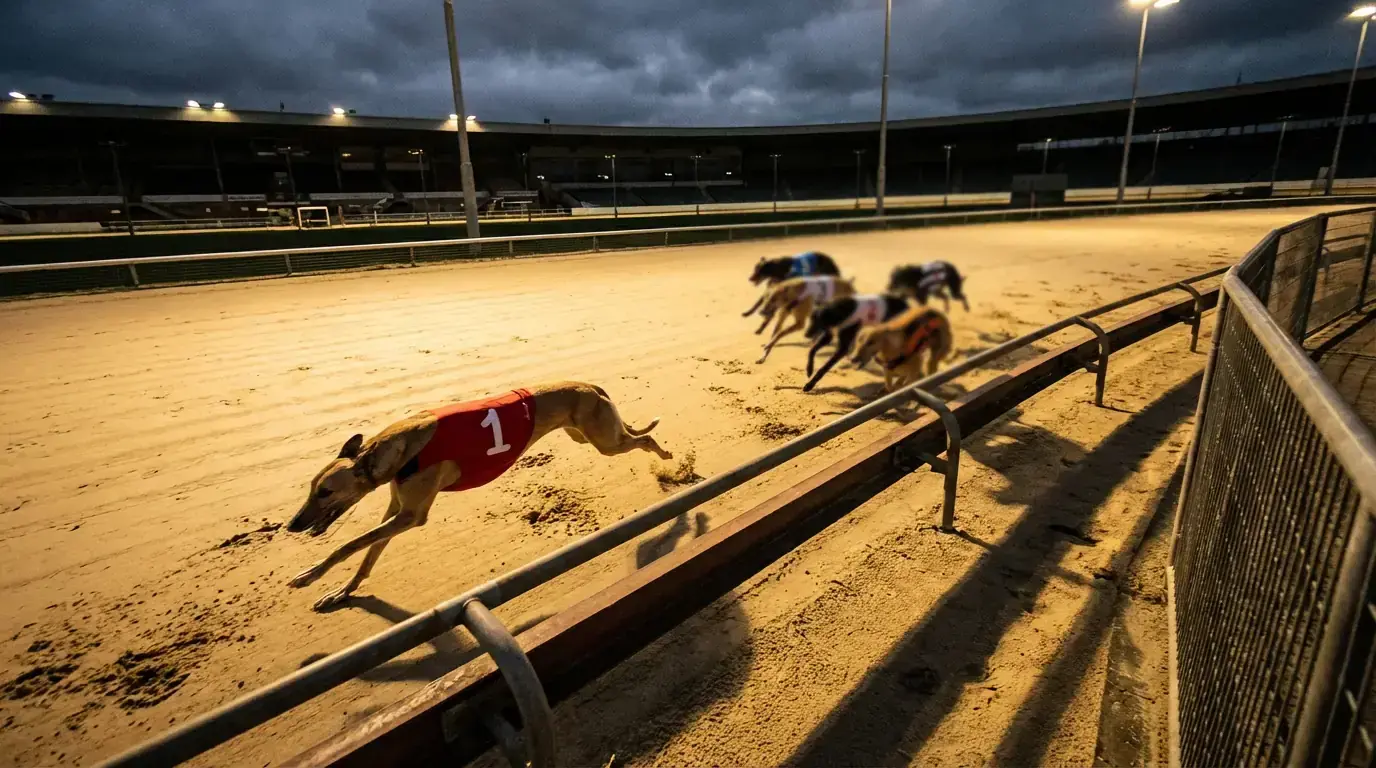 Greyhounds racing towards the first bend at a UK track