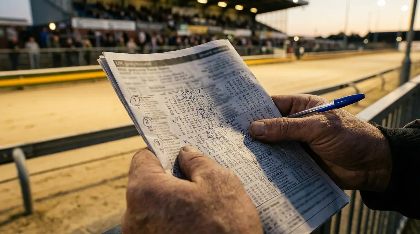 Greyhound racecard showing form figures and race data
