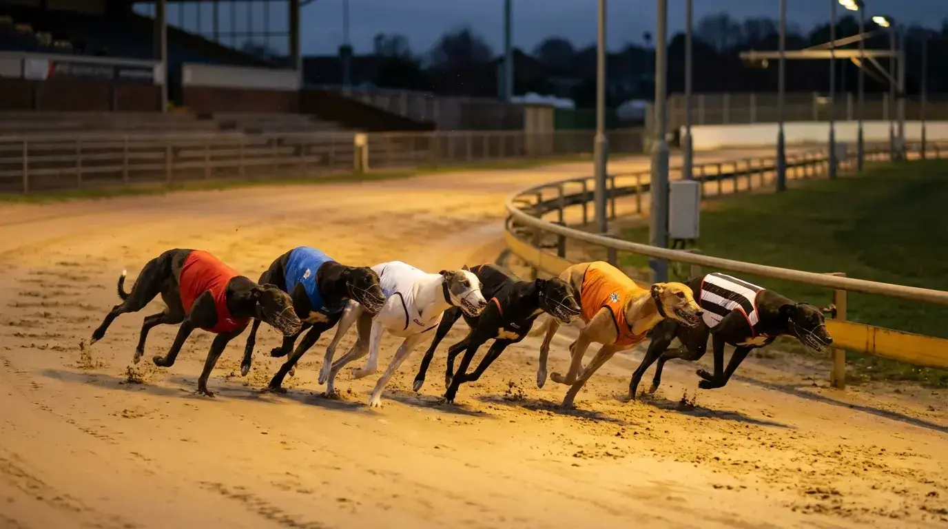 UK greyhound racing grading system illustration showing competitive race