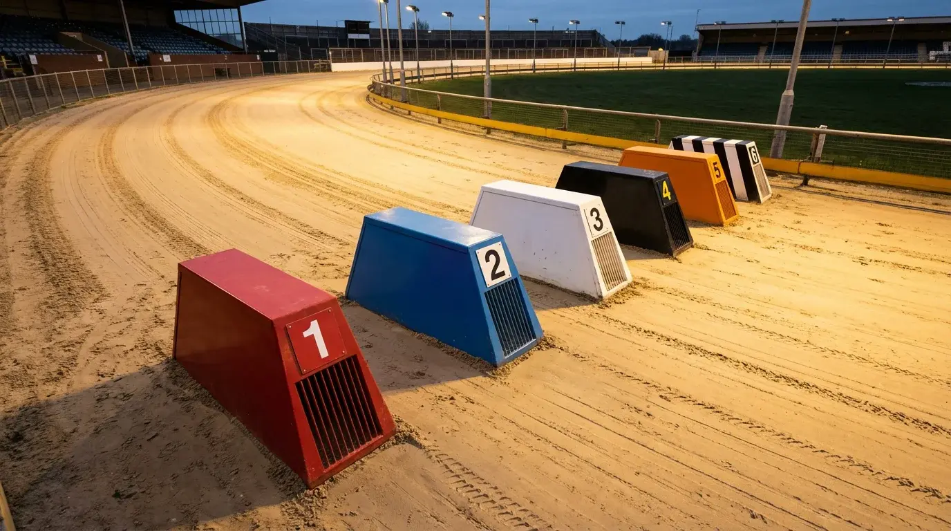 Staggered trap positions in a UK greyhound handicap race