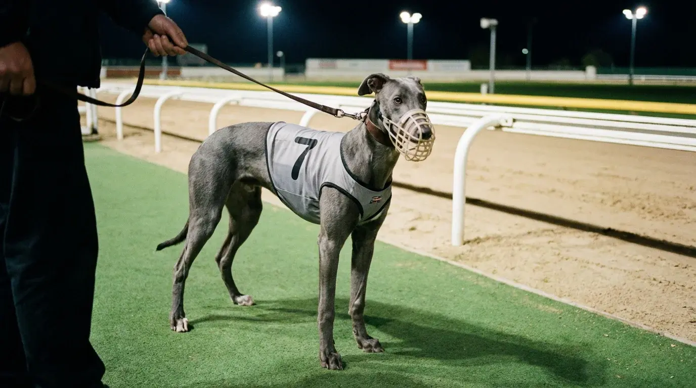 Young greyhound puppy racing at a UK track