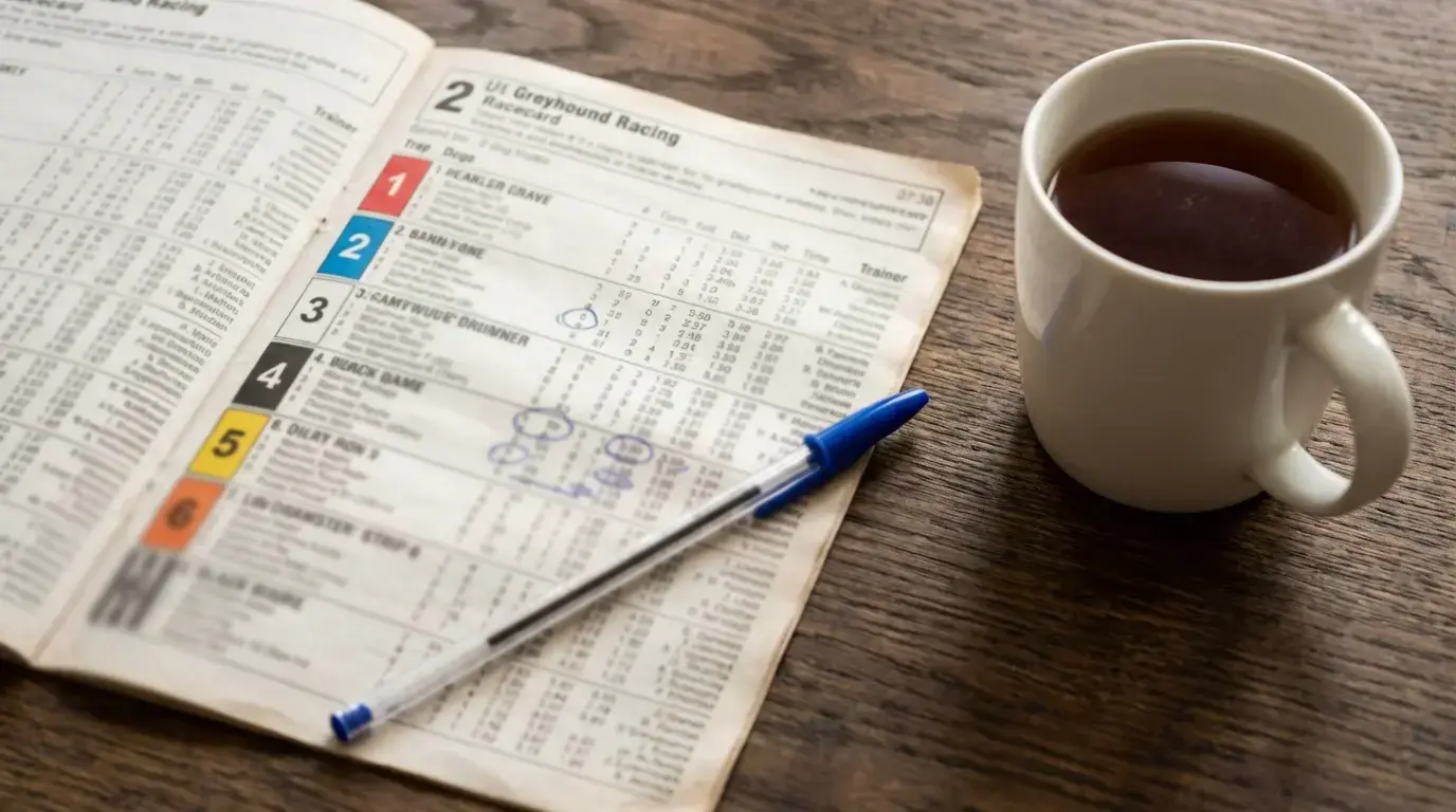 Greyhound racecard form guide with trap numbers and form figures