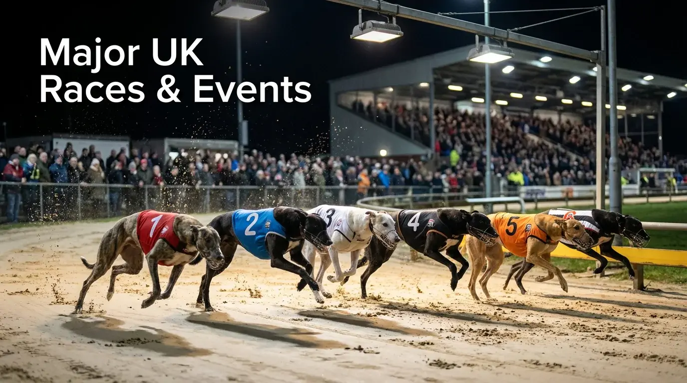 Greyhound racing calendar — greyhounds racing under stadium floodlights at a major UK event