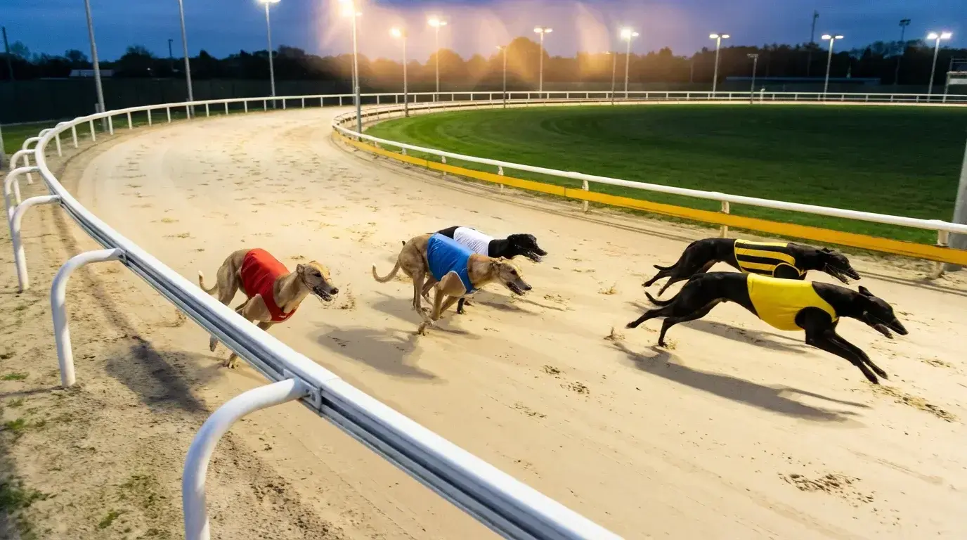 Greyhounds rounding the first bend at a UK track showing different running lines along the rail and outside