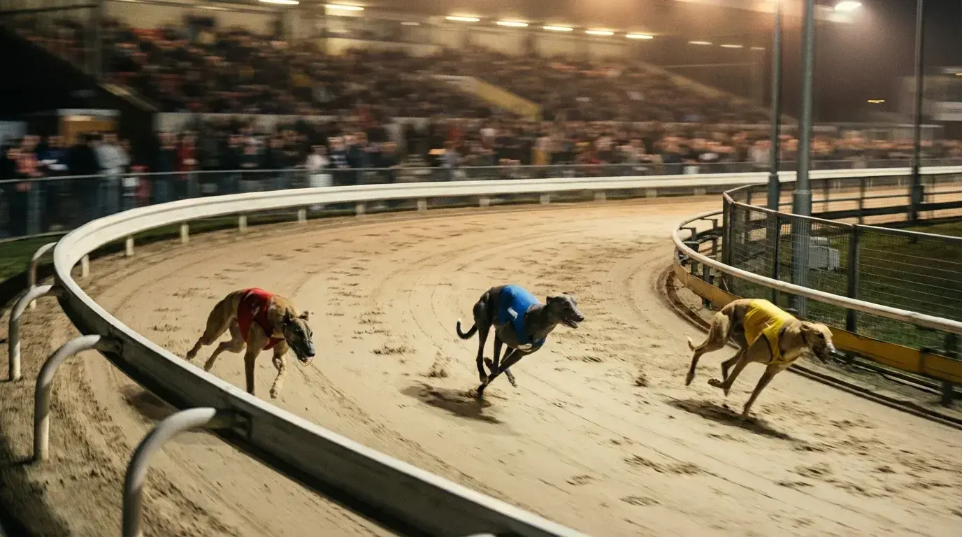 Greyhounds racing on different lines showing railer middle and wide running styles