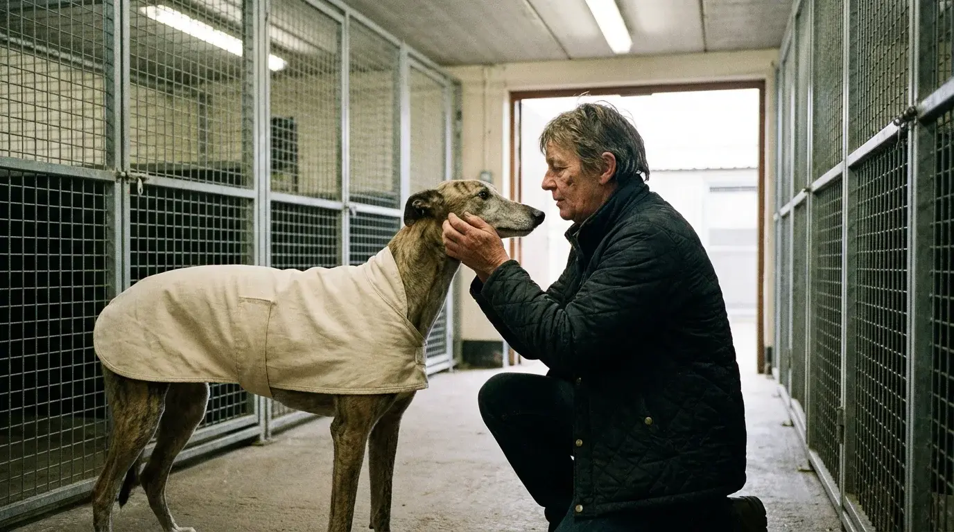 UK greyhound trainer preparing a dog for racing at the kennels