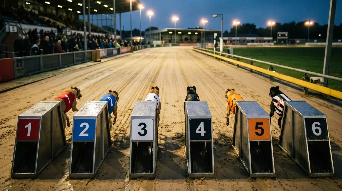 Greyhound starting traps at a UK racing track with dogs ready to race