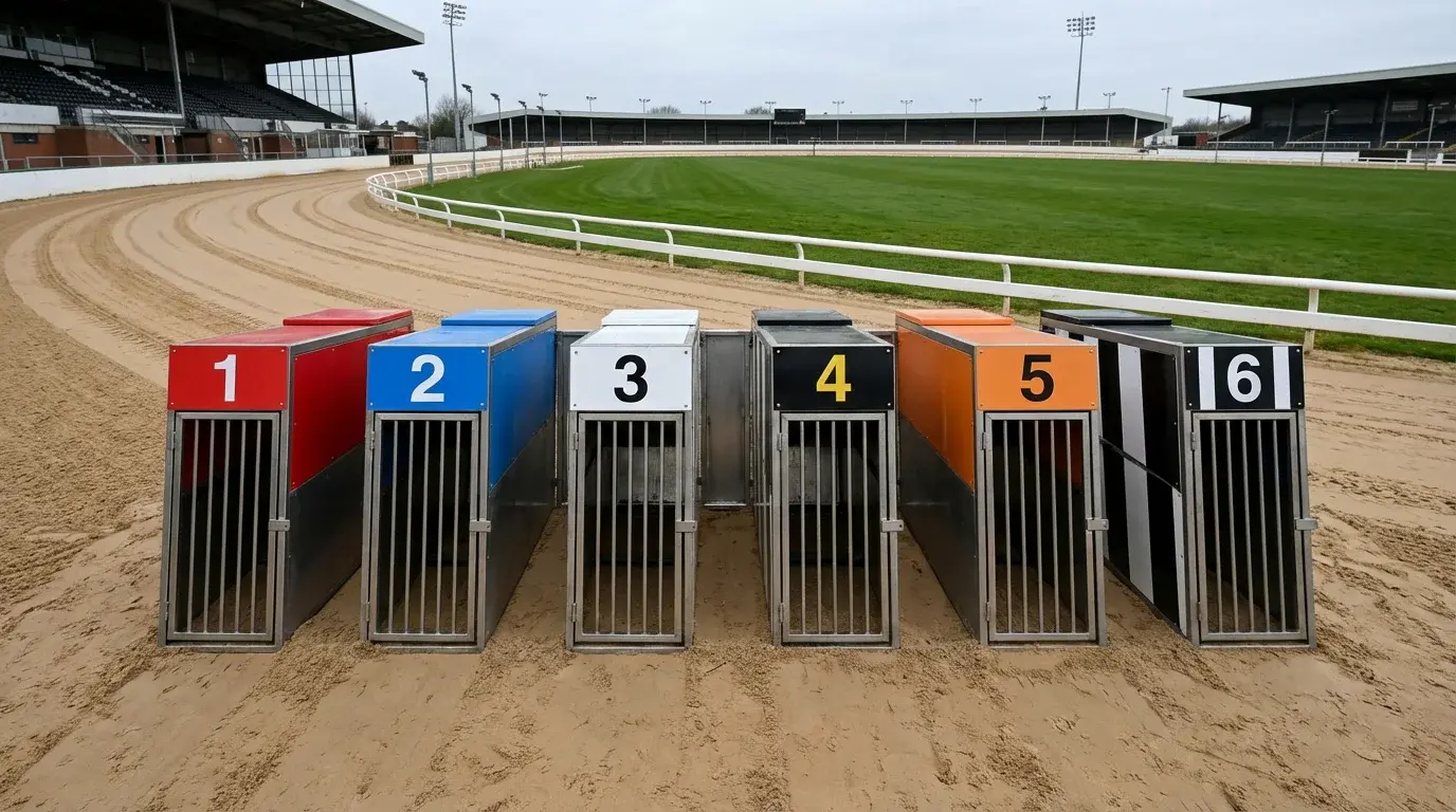 Six greyhound starting traps numbered and colour-coded on a sand track before a race
