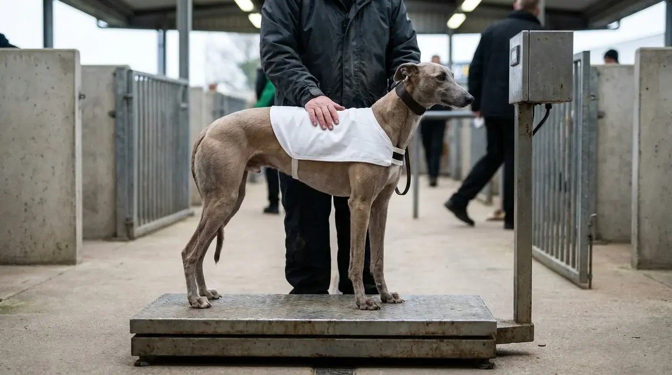 Greyhound being weighed before a race at a UK track