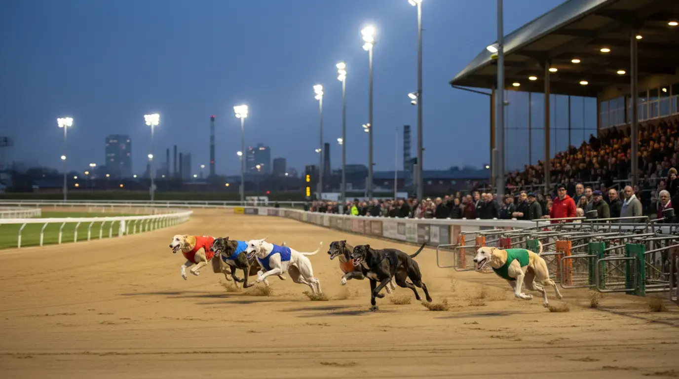 Monmore Green greyhound stadium under evening floodlights