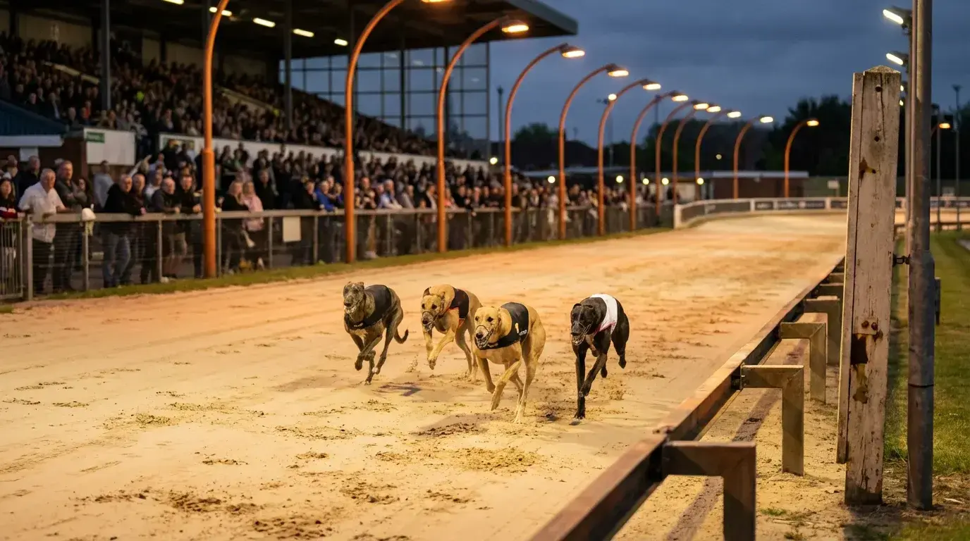 Nottingham greyhound stadium racing under evening floodlights