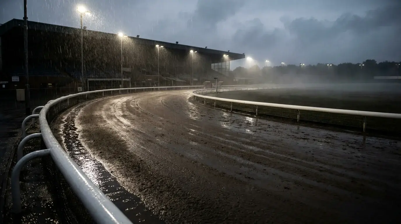 Wet track conditions at a UK greyhound racing venue