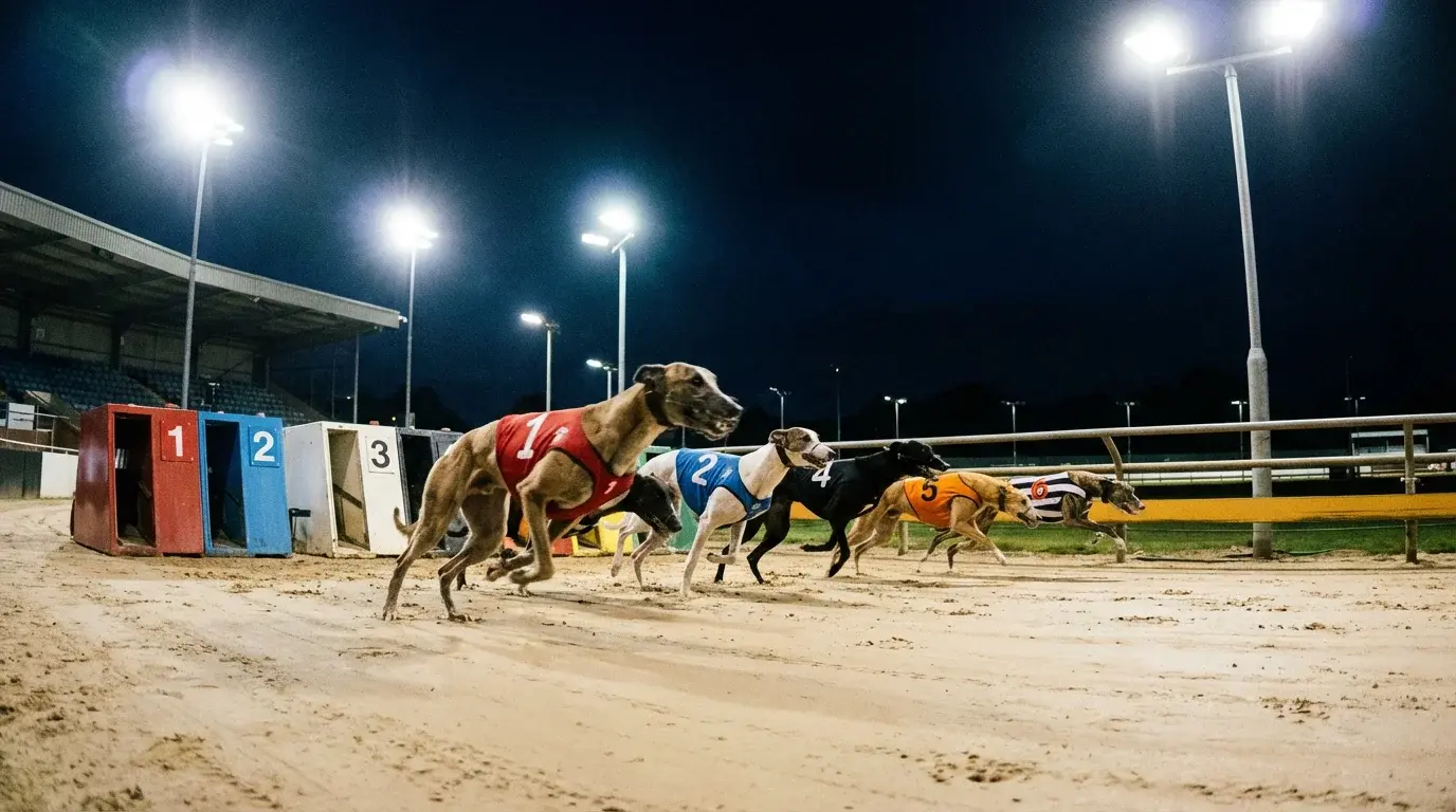 UK greyhound racing — dogs breaking from starting traps