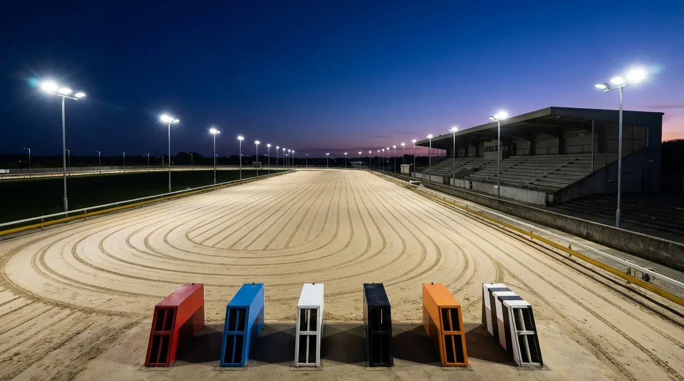 UK greyhound racing track with floodlights and sand surface